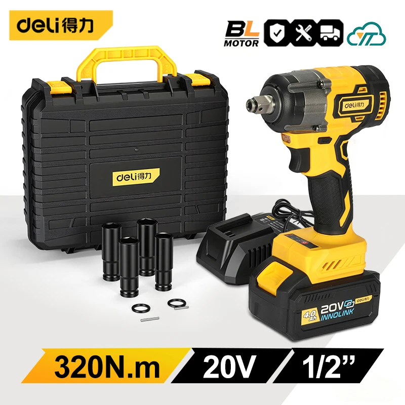 Deli 20V Brushless Cordless Impact Wrench 320Nm Electric Wrench 1/2 inch Socket Power Tool Kit 4.0Ah Battery for Auto Repair