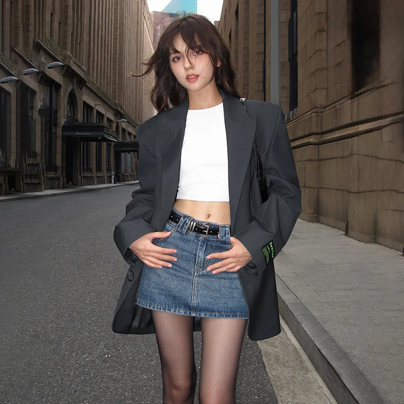 الشارع الأمريكي المتضخم السترة للنساء خمر محززة طوق رداء غير رسمية سترة امرأة ربيع الخريف الاتجاه Y2K الحلل معطف #1