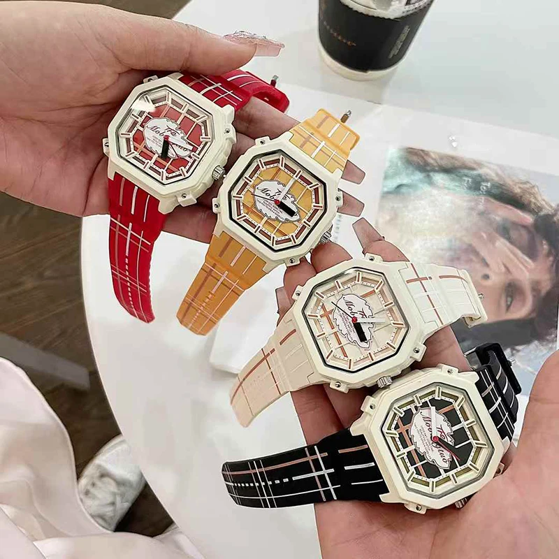 2026 Fashion Plaid Octagon Watch - Retro Street Style Silicone Band Fashion Wristwatch for Teens & Trendsetters