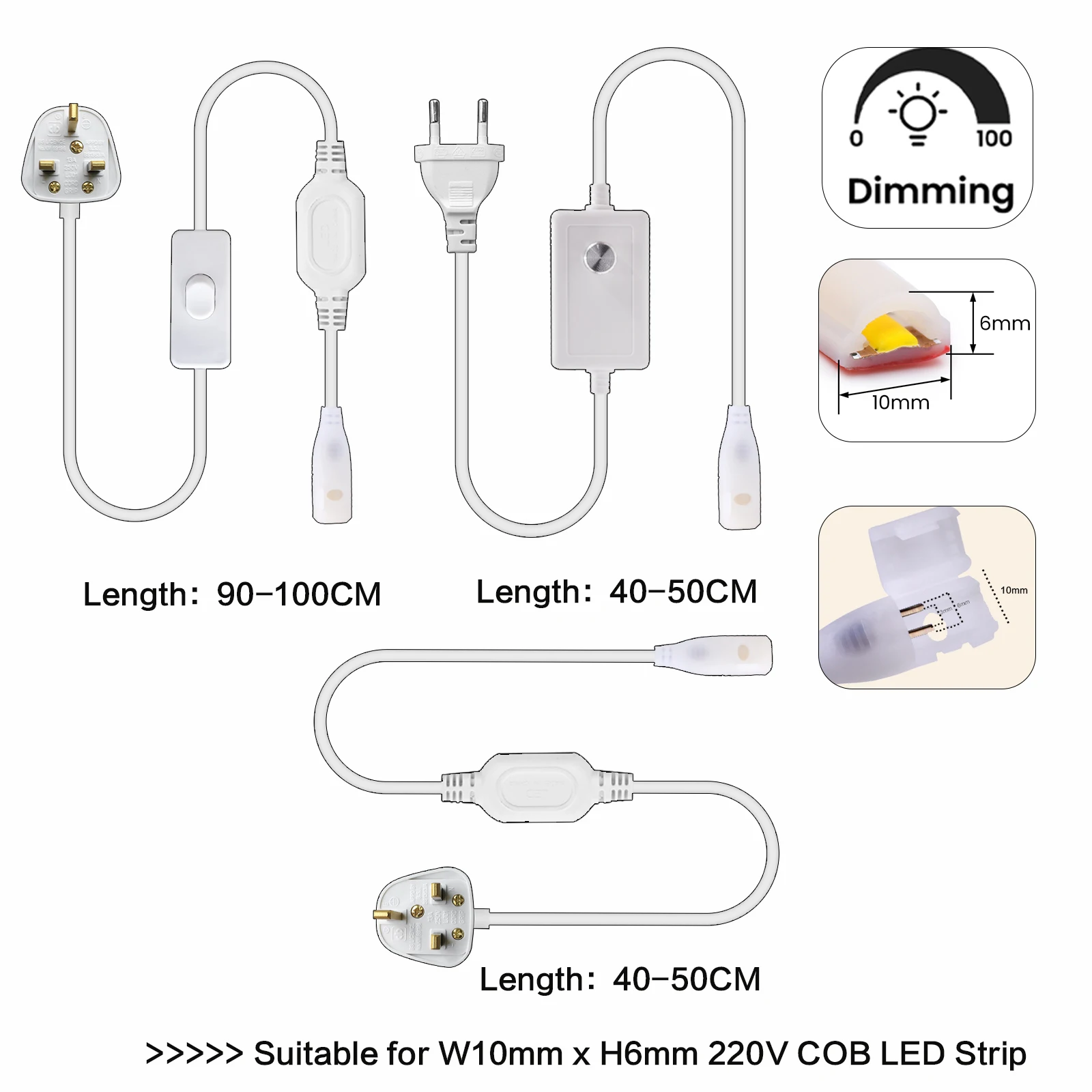 220V 230V COB LED Strip EU/UK Power Plug Switch/Dimmer Plug For 10MM Width COB LED Strip Light