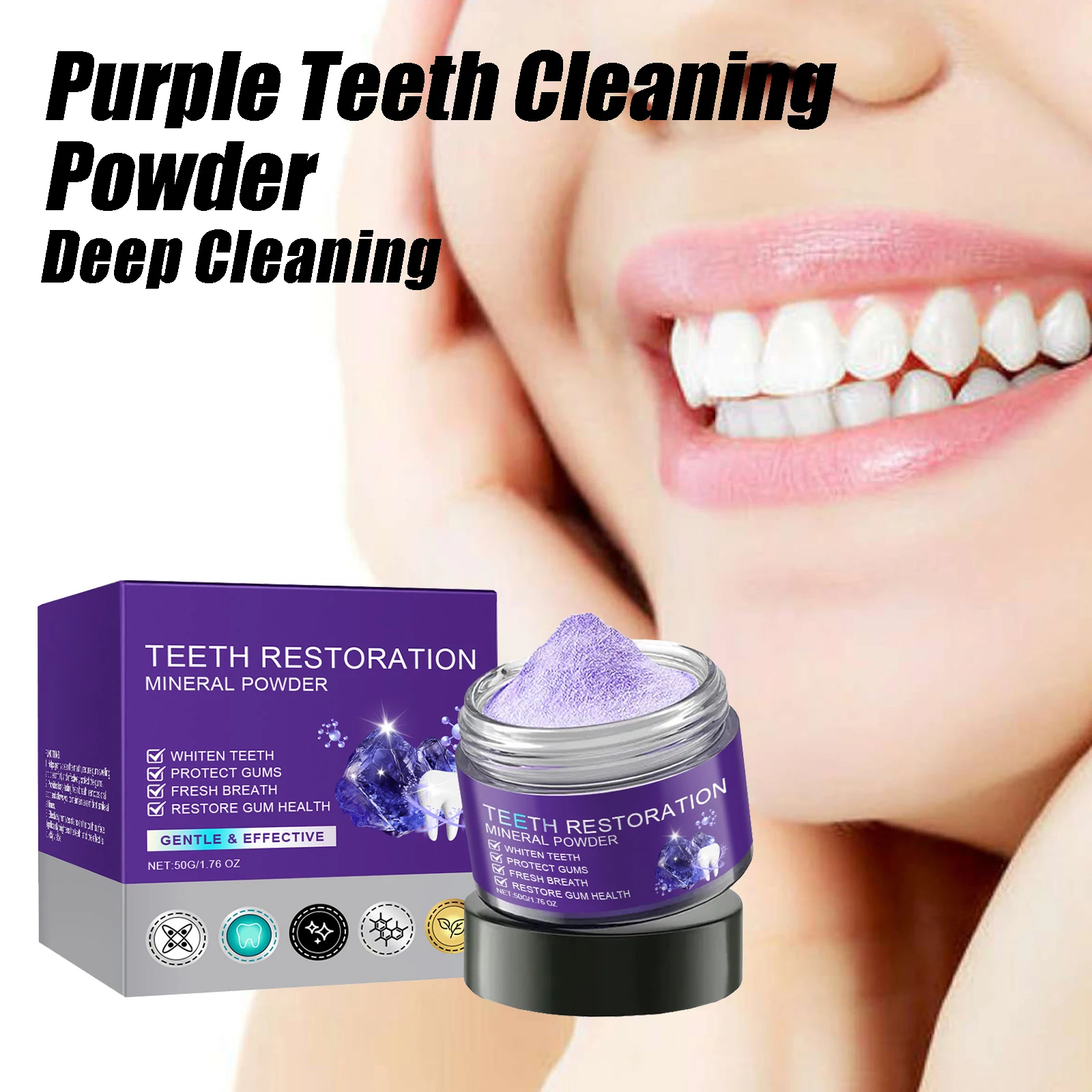 Purple Teeth Cleaning Powder Sulfate-Free Deep Cleaning Polishing Remove Tooth Stains and Plaque Long-Lasting Fresh Breath 50g
