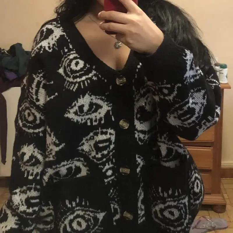 

Women's Long Sve Open Cardigan Loose Printed Eye Pattern Knitwear Cleanfit Sle Faionable Casual Outerwear