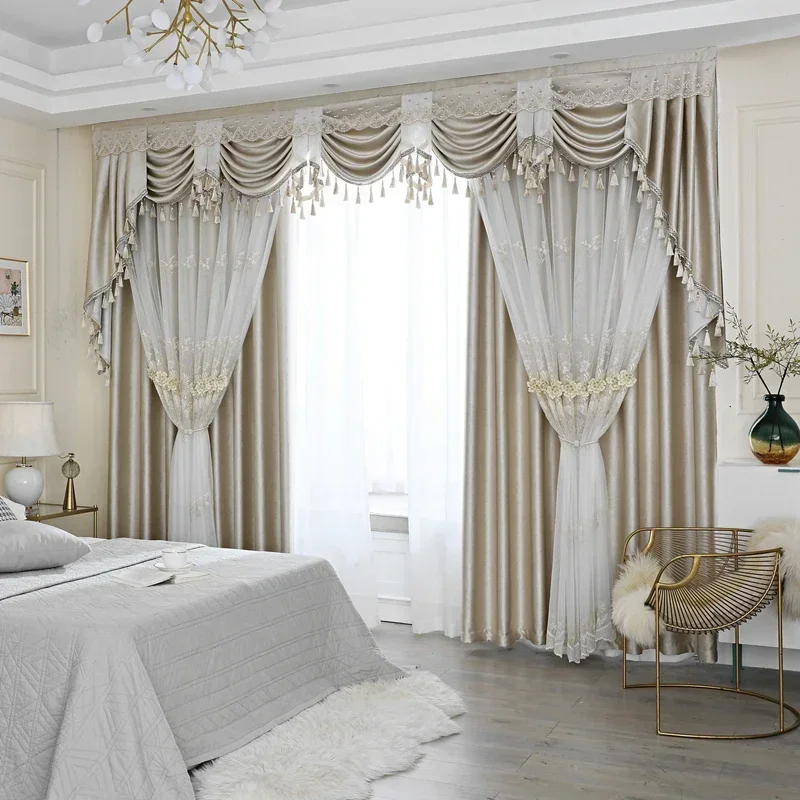 Modern European Embroidered Luxury Curtains For Living Room Bedroom Dining Tulle Fabric Yarn Integrated Blackout Window Valance