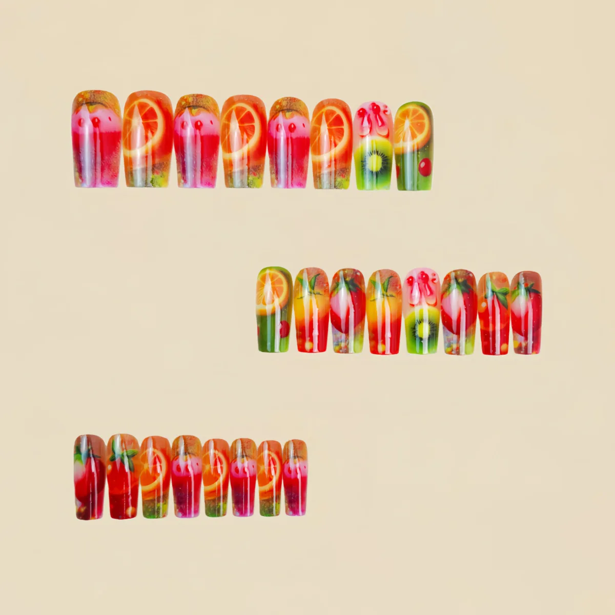 Mittellange künstliche Nägel für Frauen und Mädchen, Farbverlauf, Rotweinglas, bunte Früchte, vollständige Abdeckung, Ballett-Nagelspitzen, zum Aufdrücken falscher Nägel