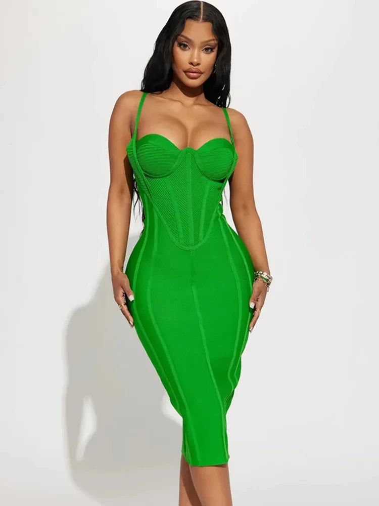 Celebrity Women Summer Sexy Sleeveless Backless Green Midi Bodycon Bandage Dress 2024 Elegant Evening Club Party Dress