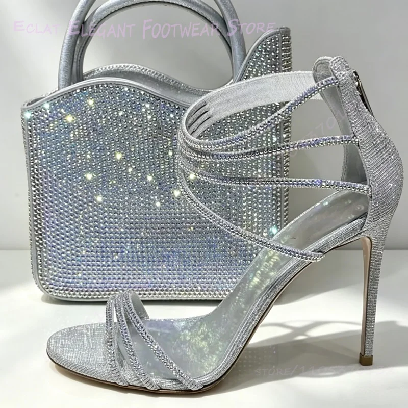 Silver Glitter Glitter Crystal Sandals Women Light Pink Gold Sparkly Crisscross Straps Heel Zip Stiletto Girls Summer Party Shoe