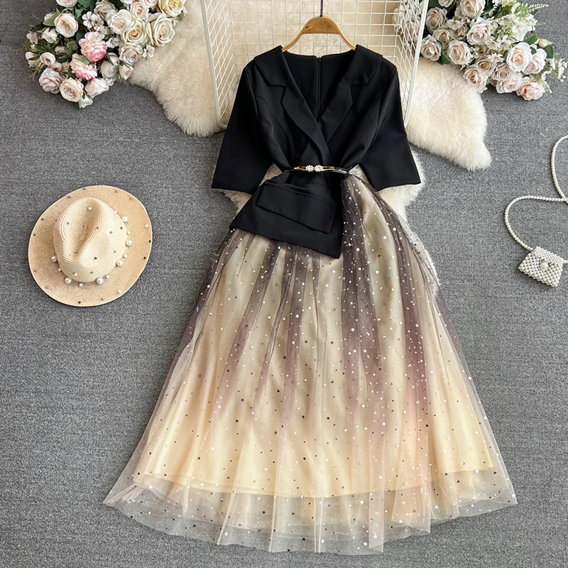 

Splicing Fake Two-Piece Suit Collar, Waist Cinching, Slimming, Medium Length A-Line Mesh Starry Sky Gradient Dress For Women