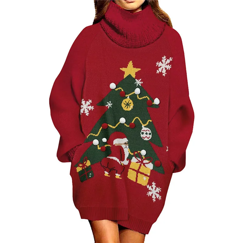 Women Knitted Christmas Sweater Dress Long Sleeve Turtleneck Cartoon Christmas Print Loose Thick Jumpers Tops Party Winter Coat