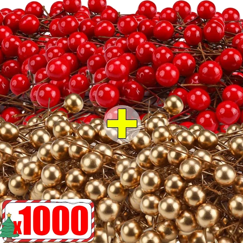 Mini Bagas Vermelhas Artificiais, Fake Berry, Cereja Estame para Festa de Casamento, Natal, Ornamento de Ano Novo, Decor Gift Box, 1000 Pcs, 50Pcs