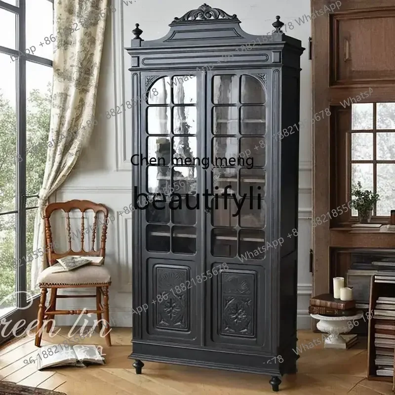 

French retro solid wood carving flower wine cabinet American country decorative cabinet storage, display cabinet6220