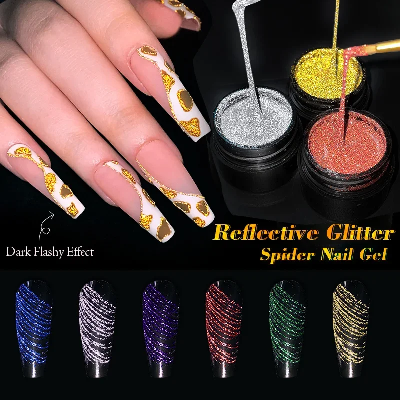 Kit Gel Reflexivo Aranha, Glitter Polish, Efeito Espumante, Wire Web, Linha de Seda Desenho, Nail Art, Pintura, Verniz, 6 cores