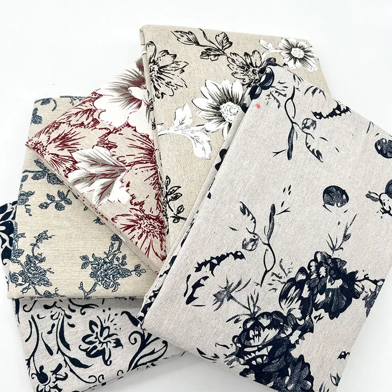 

Chinese Style Cotton Linen Blend Fabric, Retro Blue & White Porcelain Print Cloth for Tablecloth, Sofa Cover & Home Decor