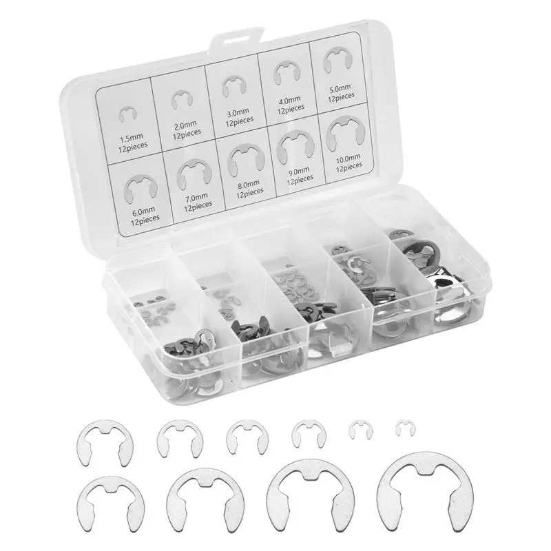 

[NEW!A93G】 120 PCS 304 Stainless Steel E Clip Washer Assortment Kit For Shaft Fastener M1.5-M10