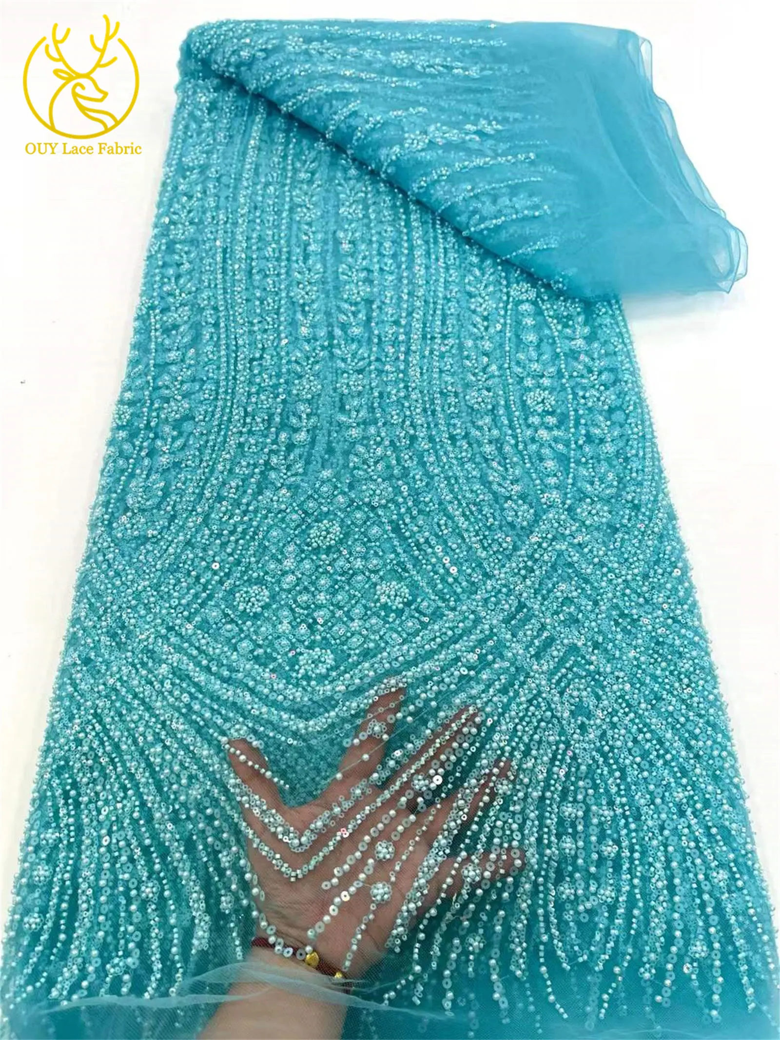 Африканская сетчатая кружевная ткань с блестками и бисером, 2024, высокое качество, синий модный дизайн, вечерние платья в сенегальском стиле, материал юбки