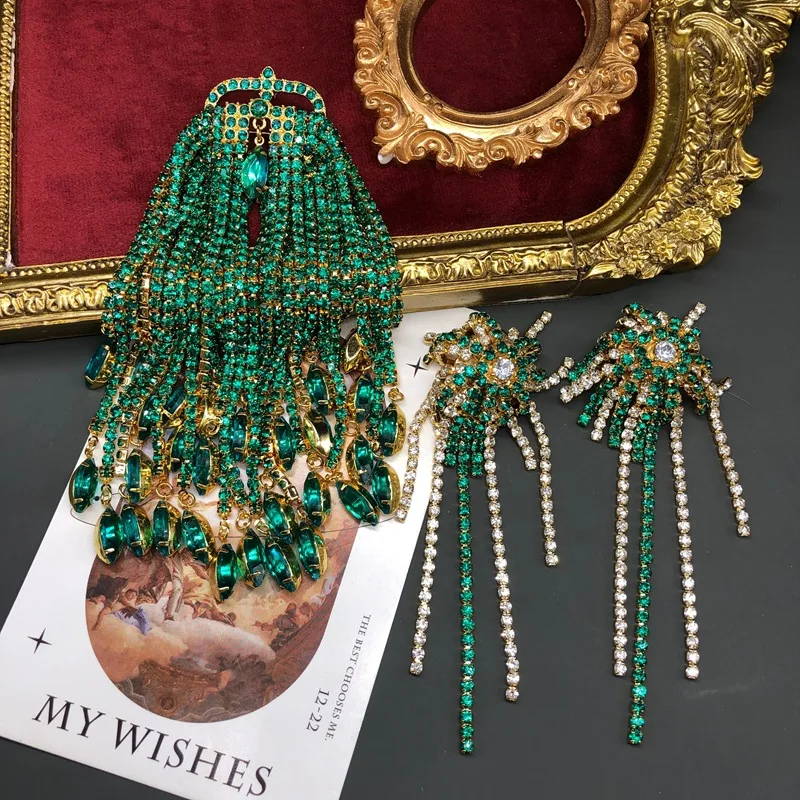 

Набор ювелирных украшений: броши и клипсы для ушей с длинными кисточками, инкрустированные цирконием 3А, винтажный стиль, для женщин, элегантные, для банкетов, булавки для одежды