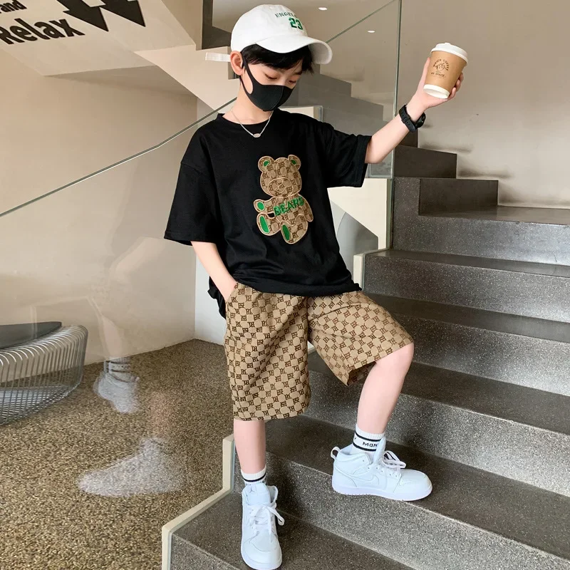 

Fashion Boys Clothing Set Summer Teenage Short Sleeve Clothes Suit Cartoon T-shirt + Shorts 2Pcs Children Loungewear Outfits