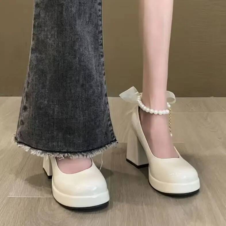 Fashion High Heels Pearls Strap Platform Pumps Women Shoes White Mary Janes Girls Thick Heeled Party Wedding Shoes Large Size 42