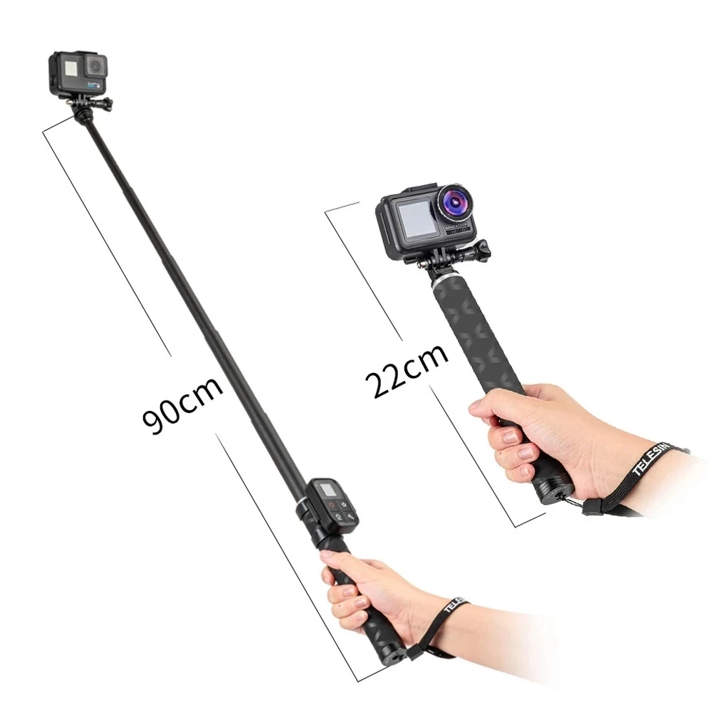 TELESIN 90cm Carbon Fiber Lightest Selfie Stick + Aluminium Alloy Tripod For GoPro Hero 13 12 11 DJI Action 5 4 Camera Accessory