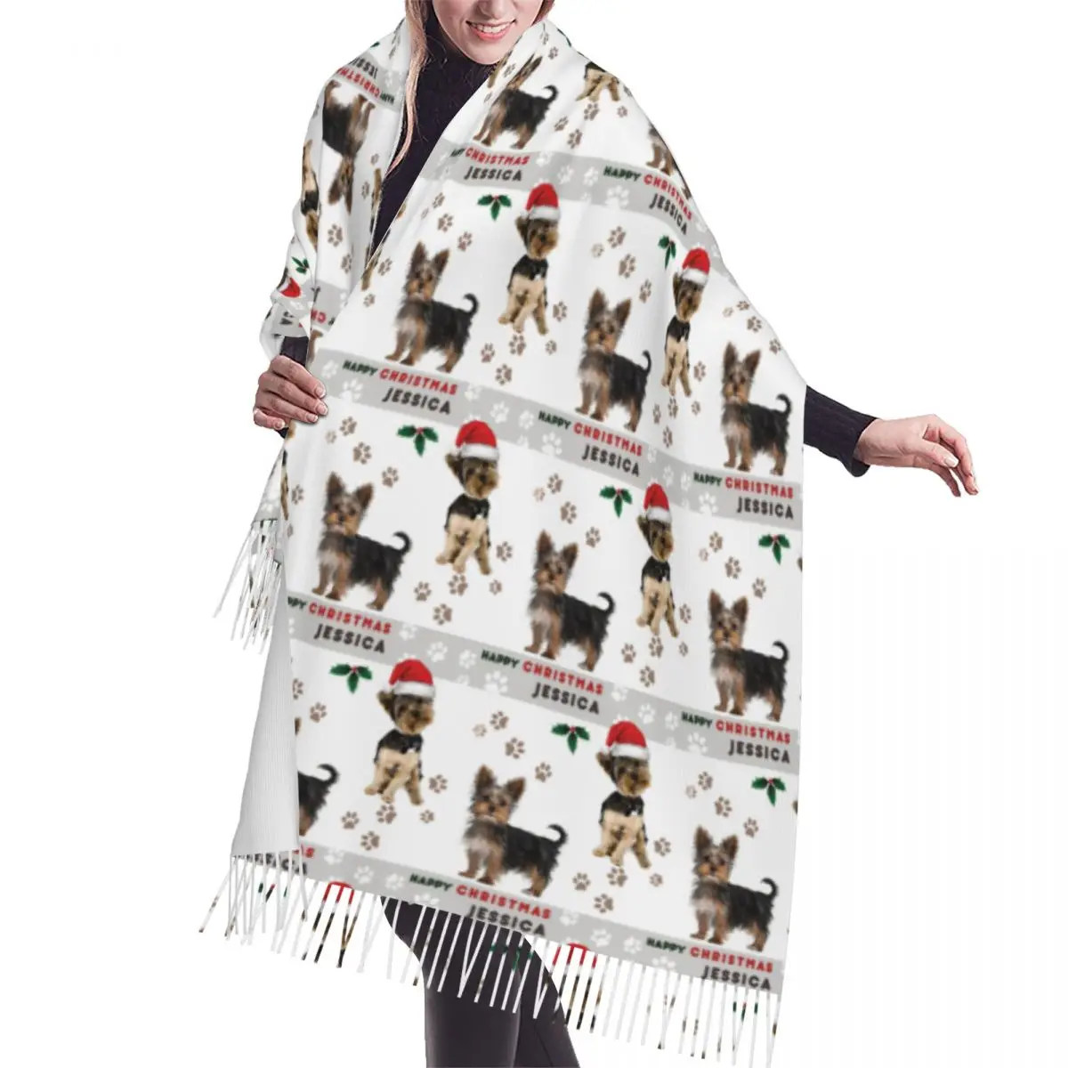 

Yorkshire Terrier Dog Christmas Scarf Wrap Women Long Winter Warm Tassel Shawl Unisex Holiday Pets Gifts Versatile Scarves