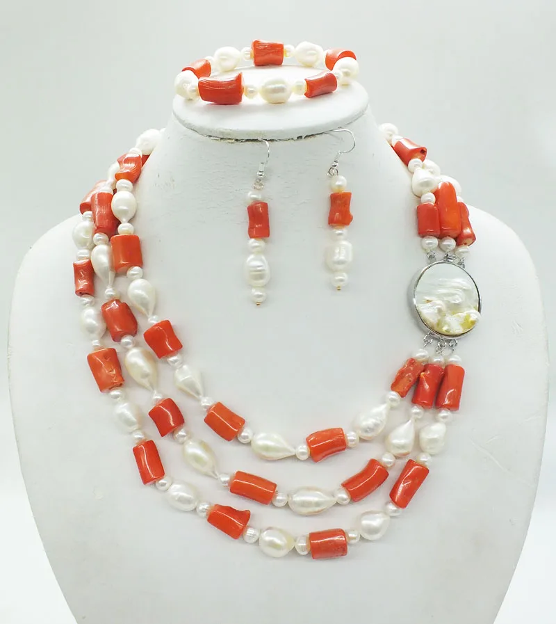 

classic 3 rows Natural coral, natural Baroque pearls, the latest fashion African bride wedding necklace set