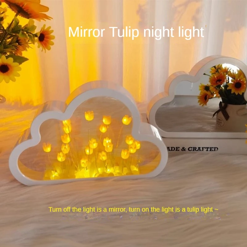 1 PCS Cloud-Mirror Night Light Handmade DIY Tulip Girl Living Room Night Light Small Mirror Desktop Light-Emitting Ornaments B