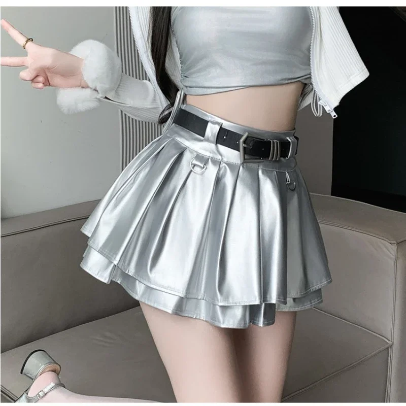 

Pleated Skirts Women Autumn New Korean Pu Leather High-waisted Solid Color A-line High Street Fashion Basics Short Skirt Female