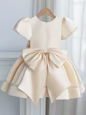 Elegant Floral Girls' High-End Evening Dress Champagne Color with Large Bow Birthday Party Girls Evening Prom Gown Dress