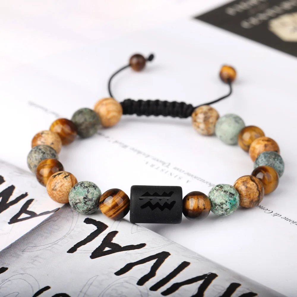 12 Constellation Beads Bracelet Natural Stone Tiger Eye Zodiac Sign Bracelet For Men Women Charm Jewelry Charm Gift