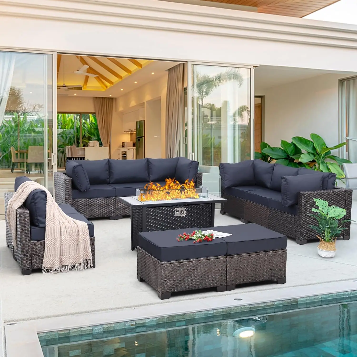 Outdoor Patio Furniture Set  Rattan Sectional Sofa PE Wicker Conversation Chairs with  Fire Pit Table and Non-Slip   Cushion