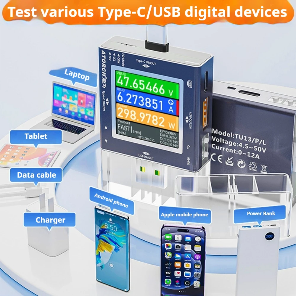 

TU13 DC0-50V 6.5A Mobile Phone Charger Capacity Monitor USB+Type-C Voltage Current Meter Power Tester PD Fast Charging Protocol