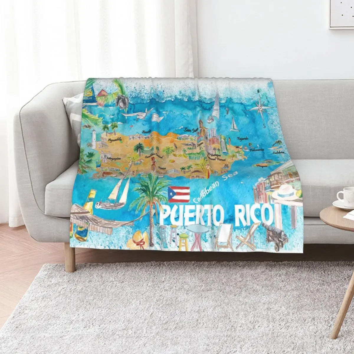 

Puerto Rico Islands Illustrated Travel Map with Roads and Highlights Throw Blanket Beautifuls Hairy Soft Plaid Blankets