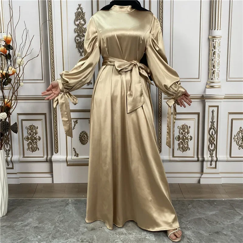 Fashion Women Islamic Satin Muslim Dress Hijab Arabic Closed Abaya Dubai Balloon Sleeve with Ribbon Eid Ramadan Turkish Dresses