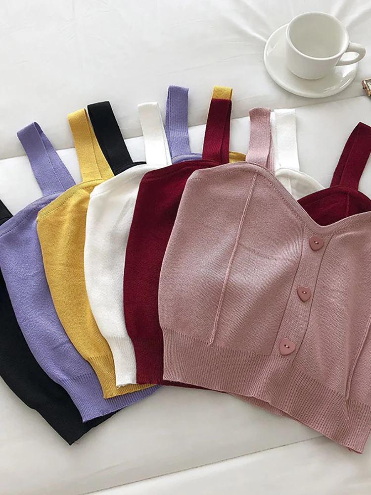 Heliar 여성용 단추 귀여운 민소매 스트랩 니트 캔디 탑, 섹시한 크롭 탑, 2024 여름 