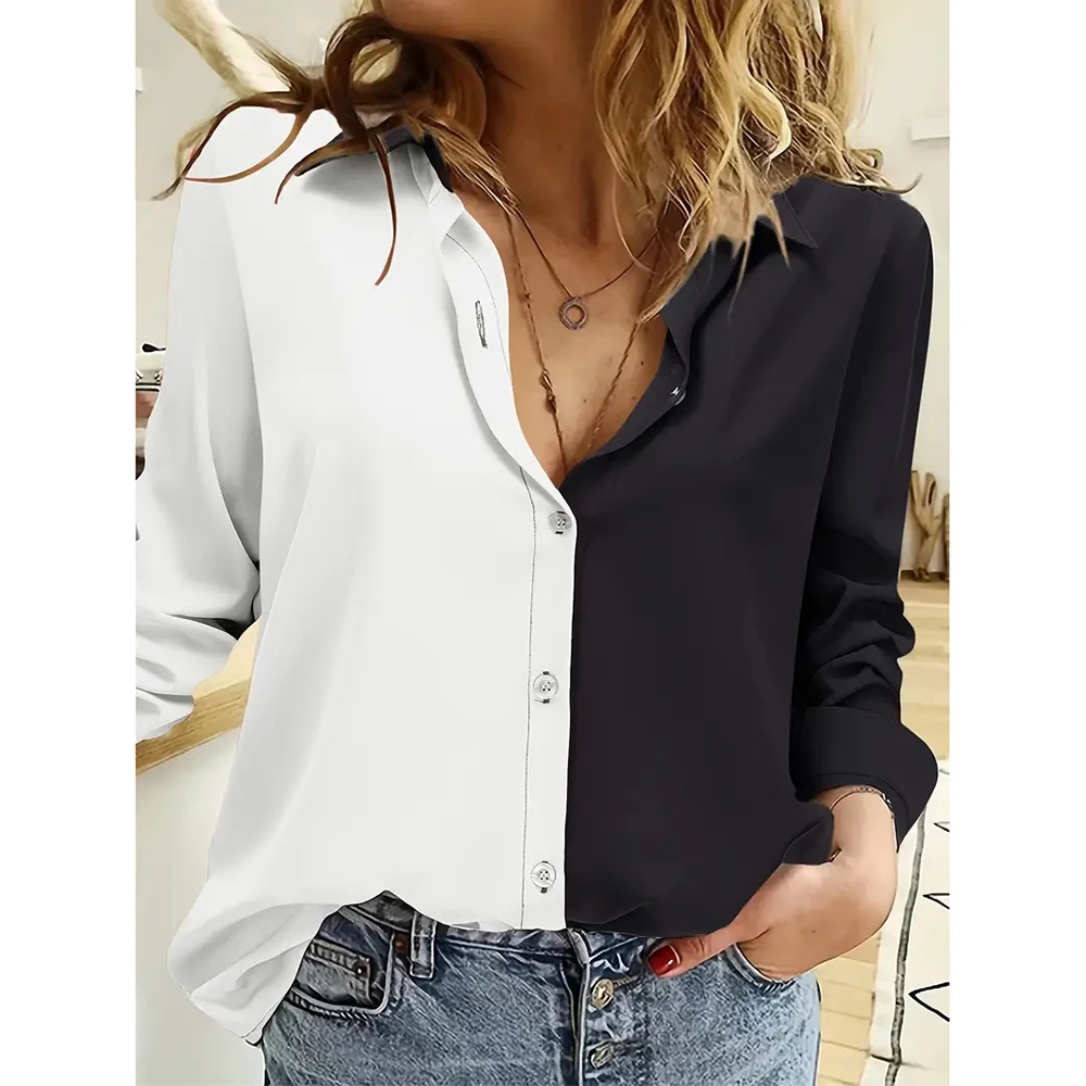 Fashion Long-Sleeved Lapel Shirts Black & White Printed Loose Single-Breasted Shirts Summer Basic Tops & Blouse Women Clothes