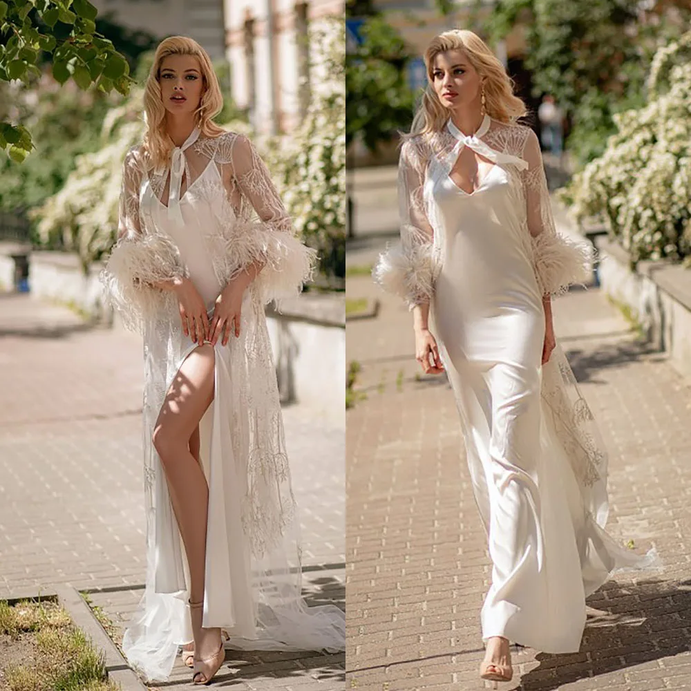 

Gracful Feathers 2 Pcs Night Robe Lace Appliques Party Sleepwear Custom Made Spaghetti Straps Side Split Nightgowns Robes