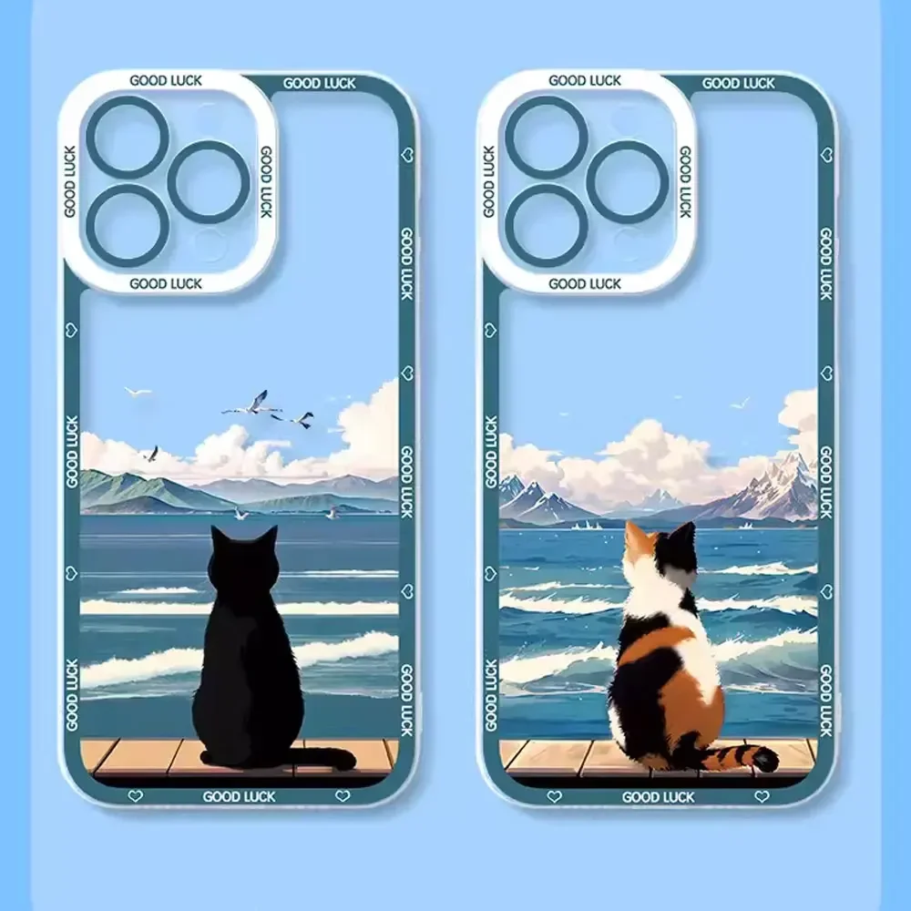 Etui na telefon Funny Sunset Cat do iPhone\'a 16 15 14 13 12 11 Pro Max XS X SE20 7 8 Plus Clear Scenery Soft Cover do Iphone 11 Fundas