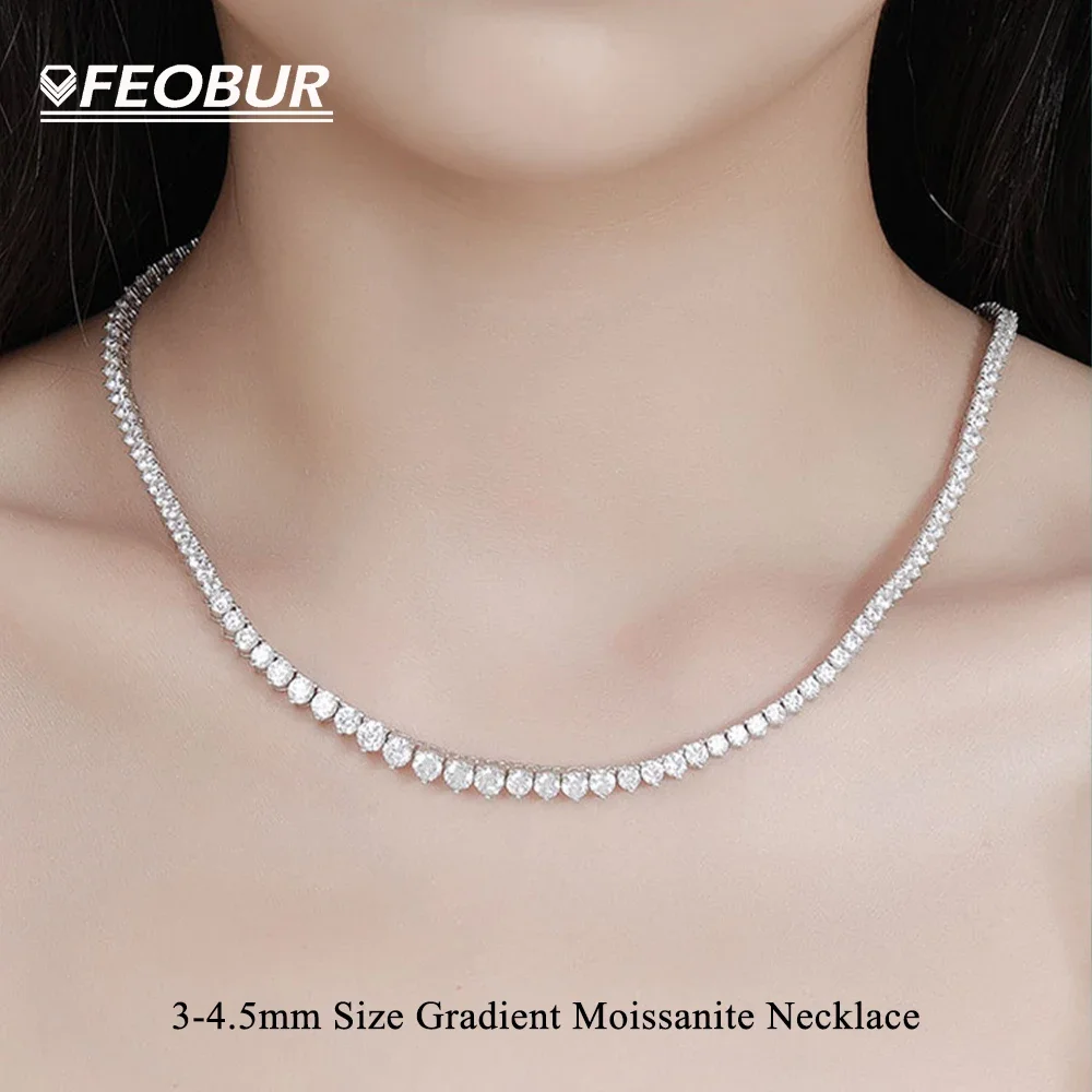 S925 Sterling Silver Full Moissanite Tennis Necklace 3-4.5mm Size Gradient Diamond Choker Neck Chains for Women Wedding Jewelry