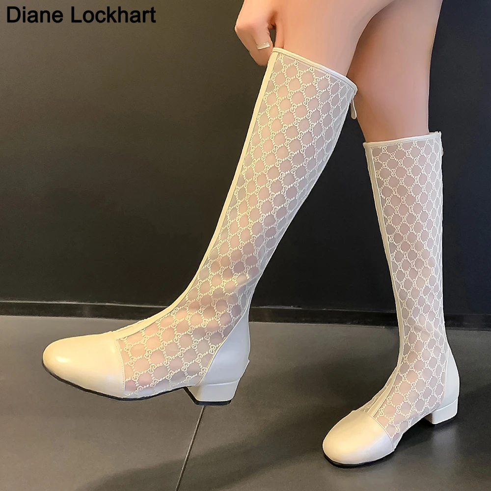 Womens Shoes Summer Low Heel Knee High Boots Hot Sale Women Breathable Lace Mesh Hollow Cool Boots Solid Color Thick Heel Boots