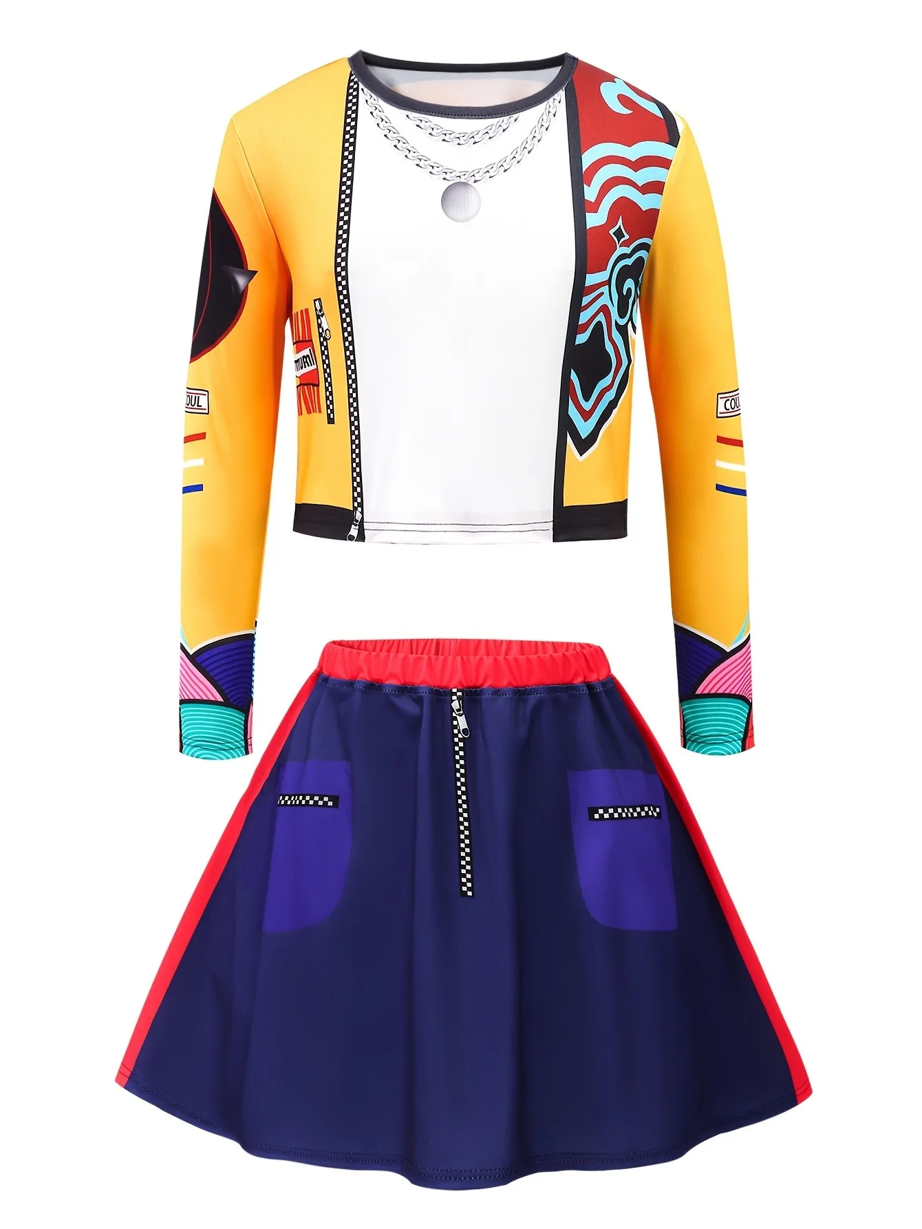 Kids Girls 2-Piece Hip Hop Dance Outfit, Color Block Graffiti Print Long Sleeve Crop Top & Elastic Waist Contrast A-Line Skirt P