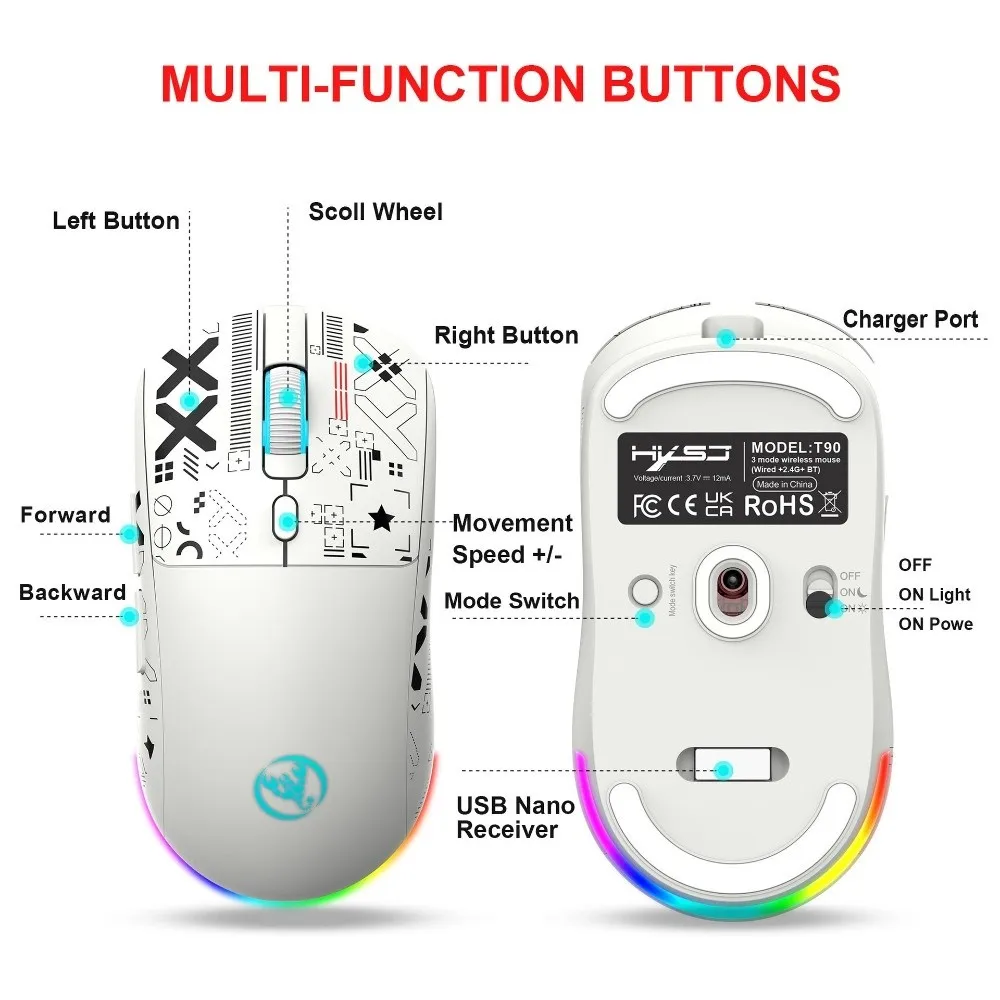 3-mode Wireless Gaming Mouse Cool Print Ergonomic Laptop Wireless Mouse Silent Buttons High-Precision Wireless Bluetooth Mouse