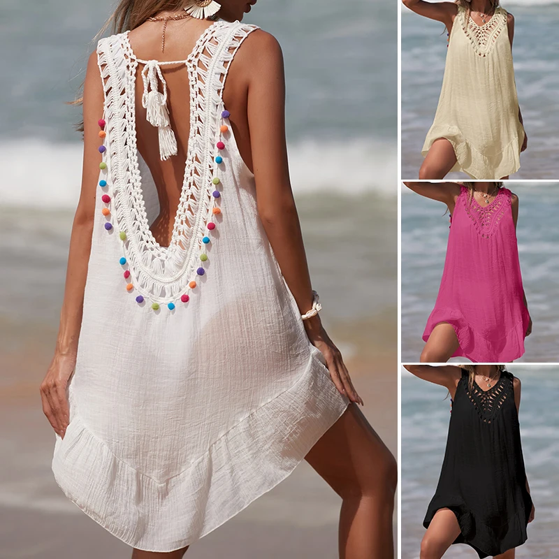

Women V-Neck Backless Hollow Out Short Dress Crochet Splicing Wooden Ear Dress With Colored Balls Beach Swimsuit Cover Up