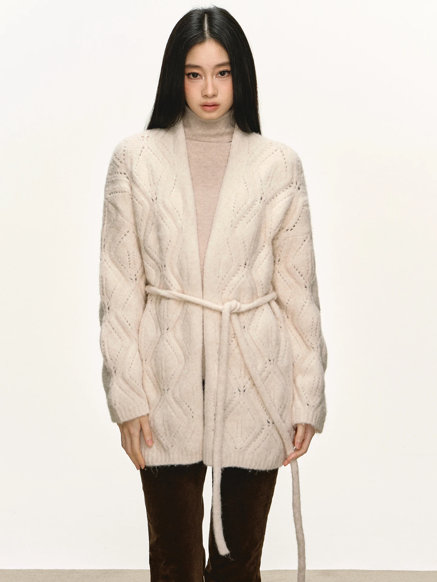 

Soft Cozy Women's Open Cardigan Sweater Loose Medium Length Spring Autumn Hollow out Belted Comfortable Knitted Top