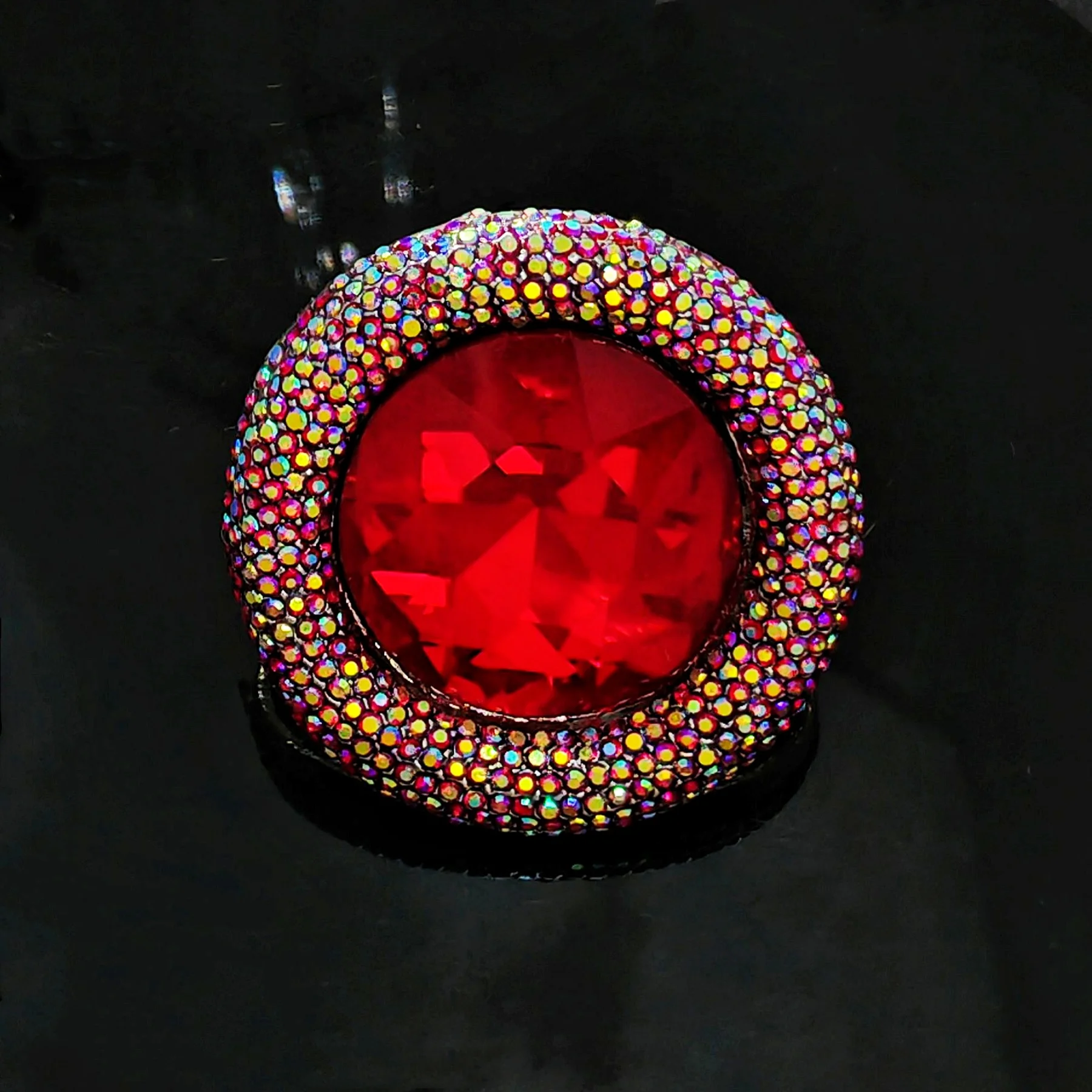 Stunning AB Aurora Borealis Red Rhinestone Round Pin Brooch Vintage Statement Jewelry image 3