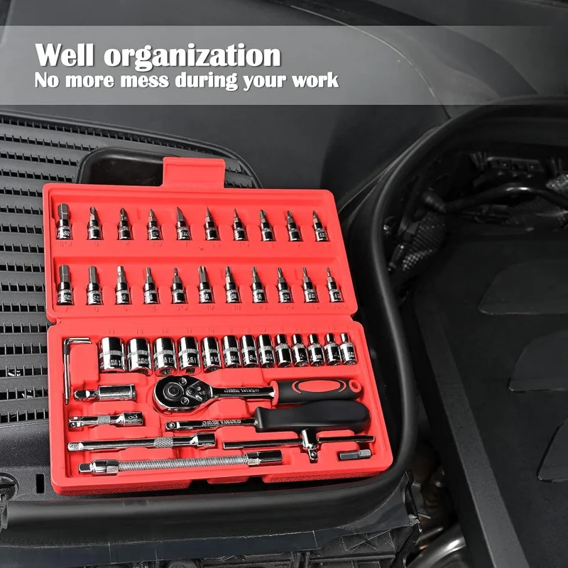 

46 Pcs 1/4 Inch Drive Socket Ratchet Wrench Set Metric Bit Sockets, Extension Bar for Auto & Household Repairs, Storage Case