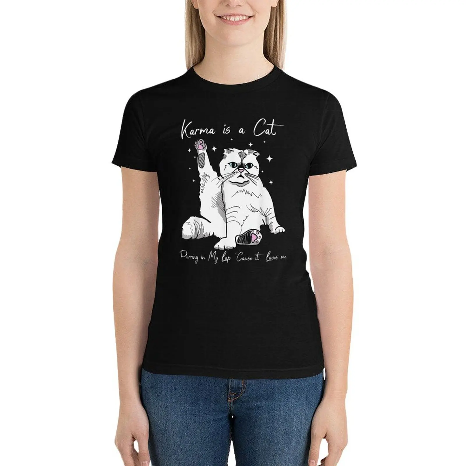 Karma Is A Cat Purring In My Lap Cause It Loves Me Cat Lover T-Shirt blanks funnys new edition t shirts for Womens