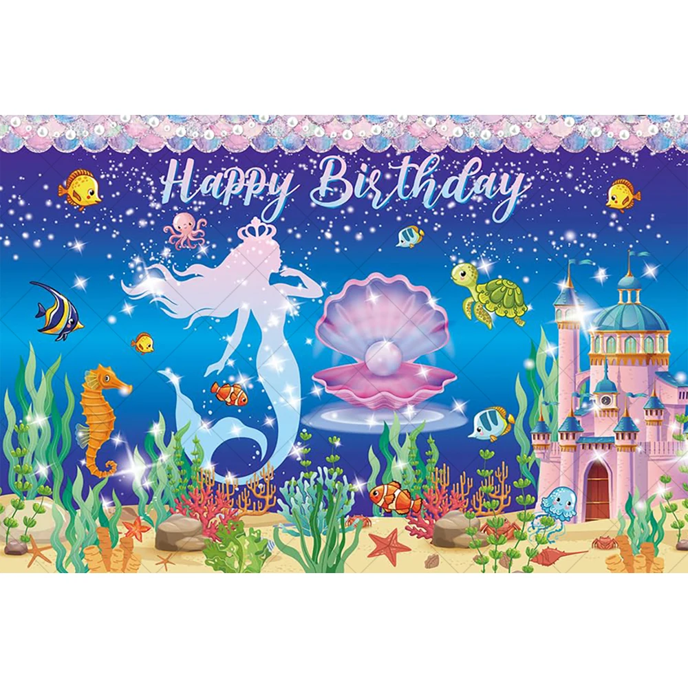 Disney Mermaid Backdrop Baby Girls Princess Birthday Party Seabed Shell Treasure Custom Photography   Backgrounds Studio