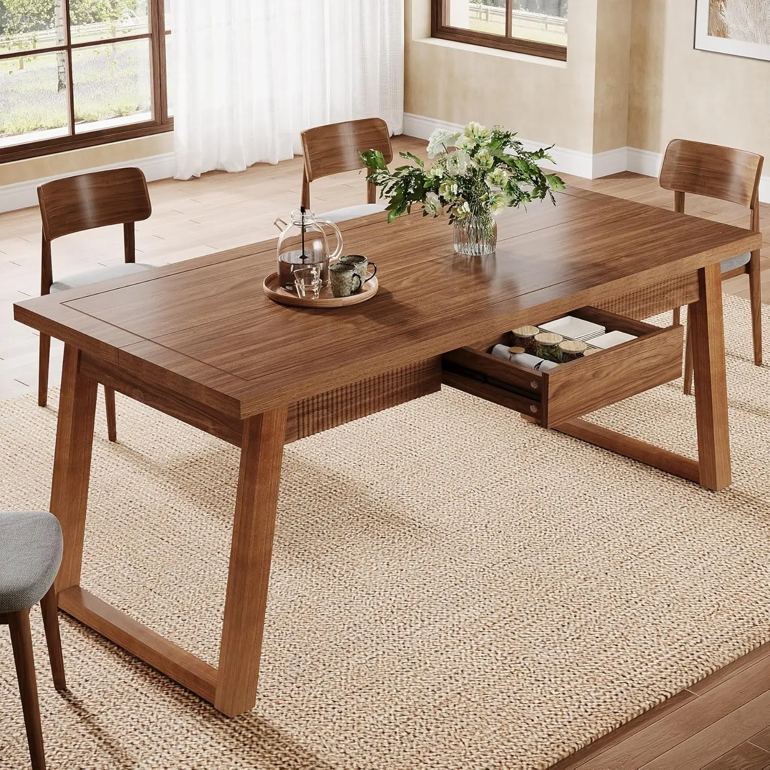 Rectangular Modern Dinner Kitchen Table with Solid Wood Legs for 4-6 People