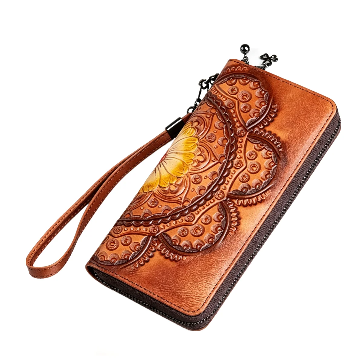 Wallet Genuine Leather for Women - with RFID Blocking Card checkbook ID Slot Large Capacity Vintage style (flower red)