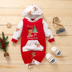 Autumn Baby Girl Deer Print Christmas Jumpsuit Long-Sleeved Front Patch Pocket Hooded Jumpsuit