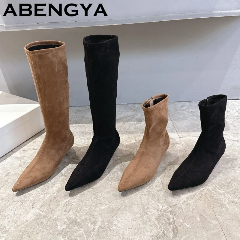 

2025 Autumn Suede Leather Kitten Heels Ankle Boots Women Pointy Toe Side Zip Chelsea Boots Fashion Slim Knight Long Boots Female